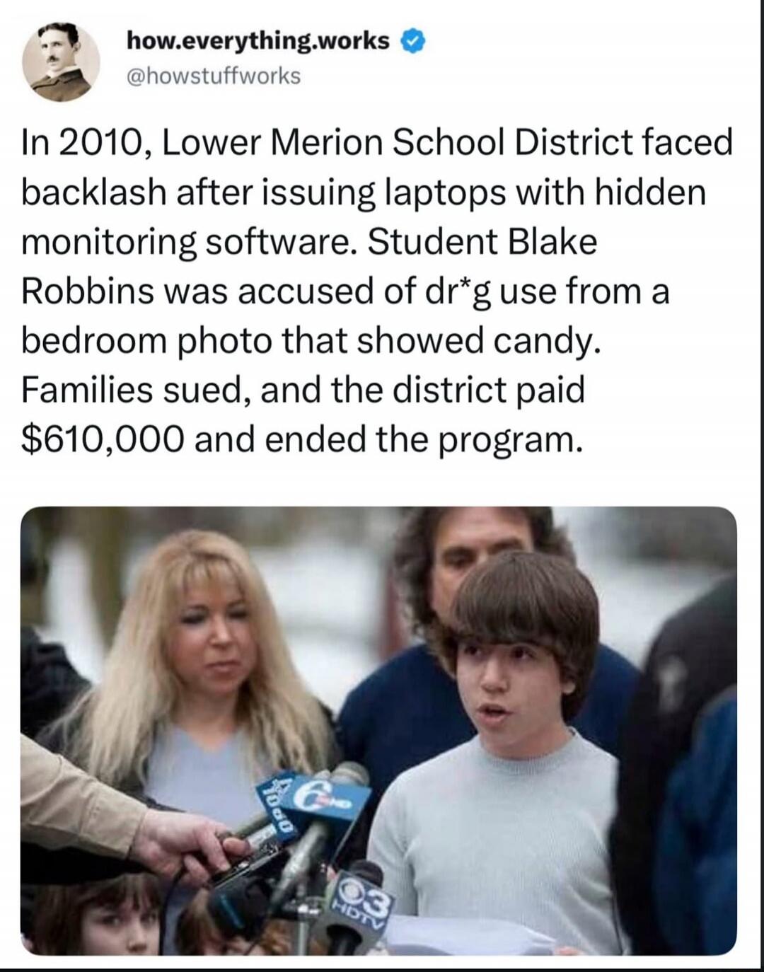 In 2010, Lower Merion School District faced backlash after issuing laptops with hidden monitoring software. Student Blake Robbins was accused of drug use from a bedroom photo that showed candy. Families sued, and the district paid $610,000 and ended the program.