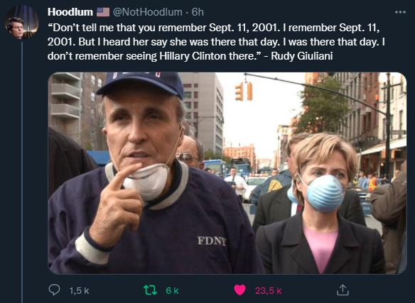 Hoodlum 8l NotHoodlum 61 Dont tell me that you remember Sept 11 2001 remember Sept 11 2001 But heard her say she was there that day was there that day dont remember seeing Hillary Clinton there Rudy Giuliani