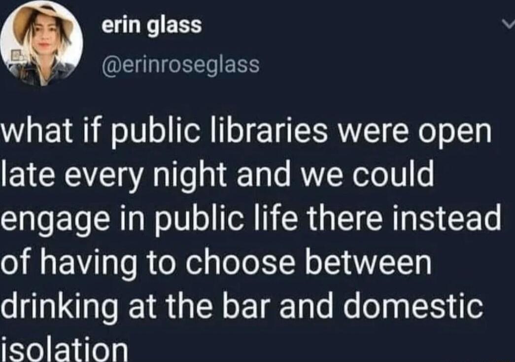erin glass CEICEEERS what if public libraries were open late every night and we could engage in public life there instead of having to choose between drinking at the bar and domestic isolation