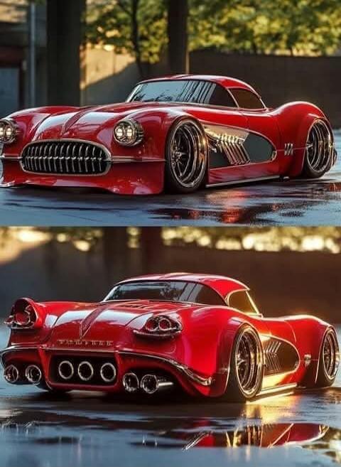 The image shows a custom red Chevrolet Corvette C1, presented in two views: front and rear. The car features a highly modified design with a lowered stance, custom wheels, and unique bodywork. The front view highlights the iconic grille and round headlights, while the rear view showcases the distinctive taillights and quad exhaust pipes. The car is