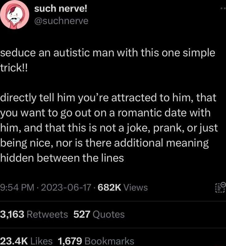 such nerve suchnerve seduce an autistic man with this one simple trick directly tell him youre attracted to him that you want to go out on a romantic date with him and that this is not a joke prank or just being nice nor is there additional meaning alfelell NN R G RIS 954 PM 2023 06 17 682K Views 3163 Retweets 527 Quotes 234K Likes 1679 Bookmarks