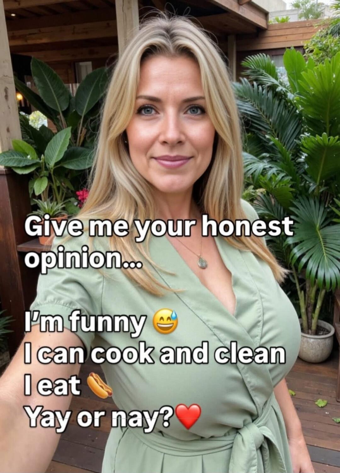 Give me your honest opinion... I'm funny 😅 I can cook and clean I eat 🍗 Yay or nay?