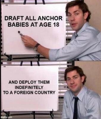 DRAFT ALL ANCHOR BABIES AT AGE 18 AND DEPLOY THEM INDEFINITELY TO A FOREIGN COUNTRY