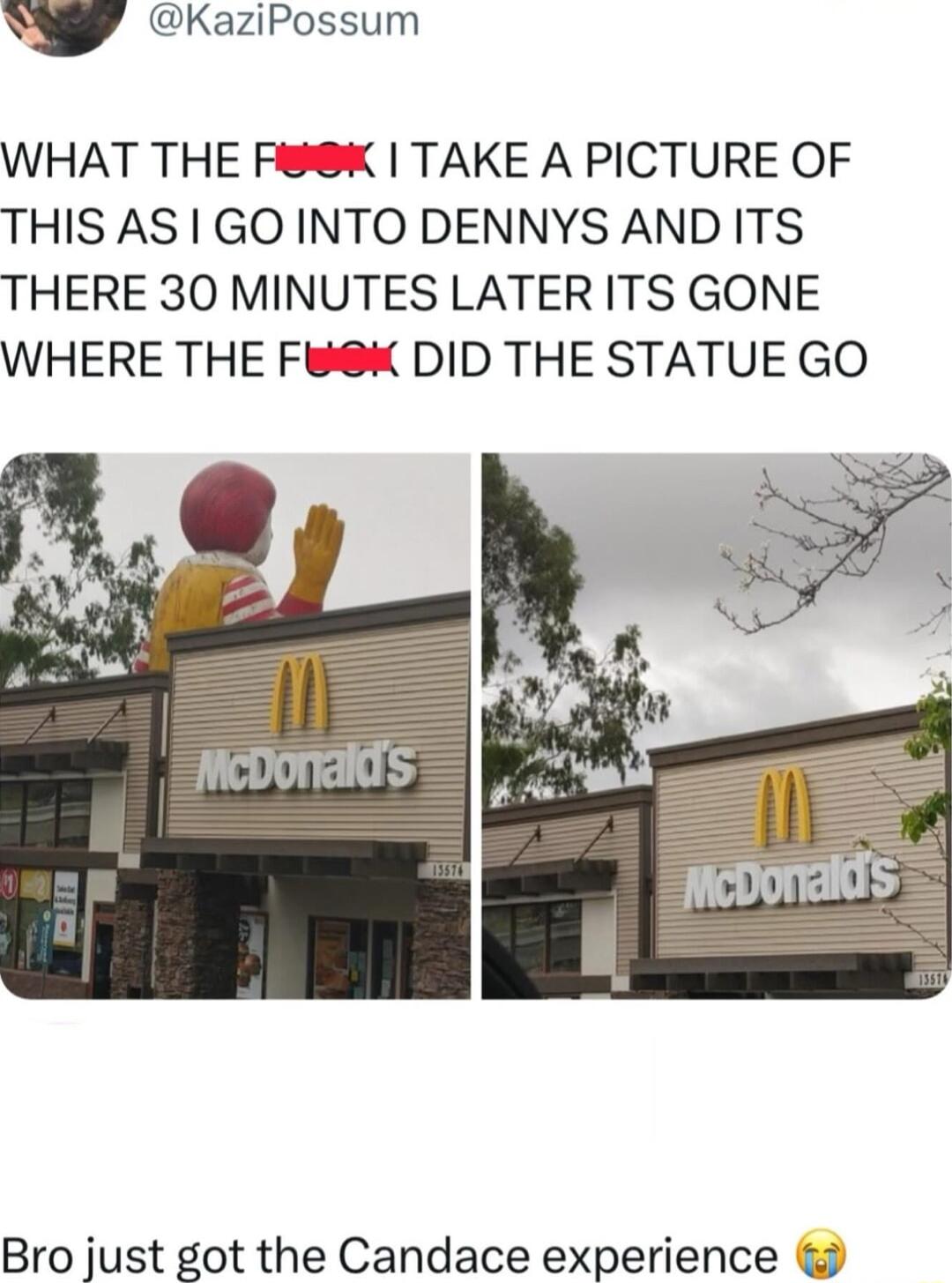 NP KaziPossum WHAT THE FK TAKE A PICTURE OF THIS AS1 GO INTO DENNYS AND ITS THERE 30 MINUTES LATER ITS GONE WHERE THE F DID THE STATUE GO Bro just got the Candace experience