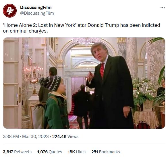 DiscussingFilm Home Alone 2 Lost in New York star Donald Trump has been indicted on criminal charges 3817 R 1076 Quotes 18K Likes 251 Bookmark