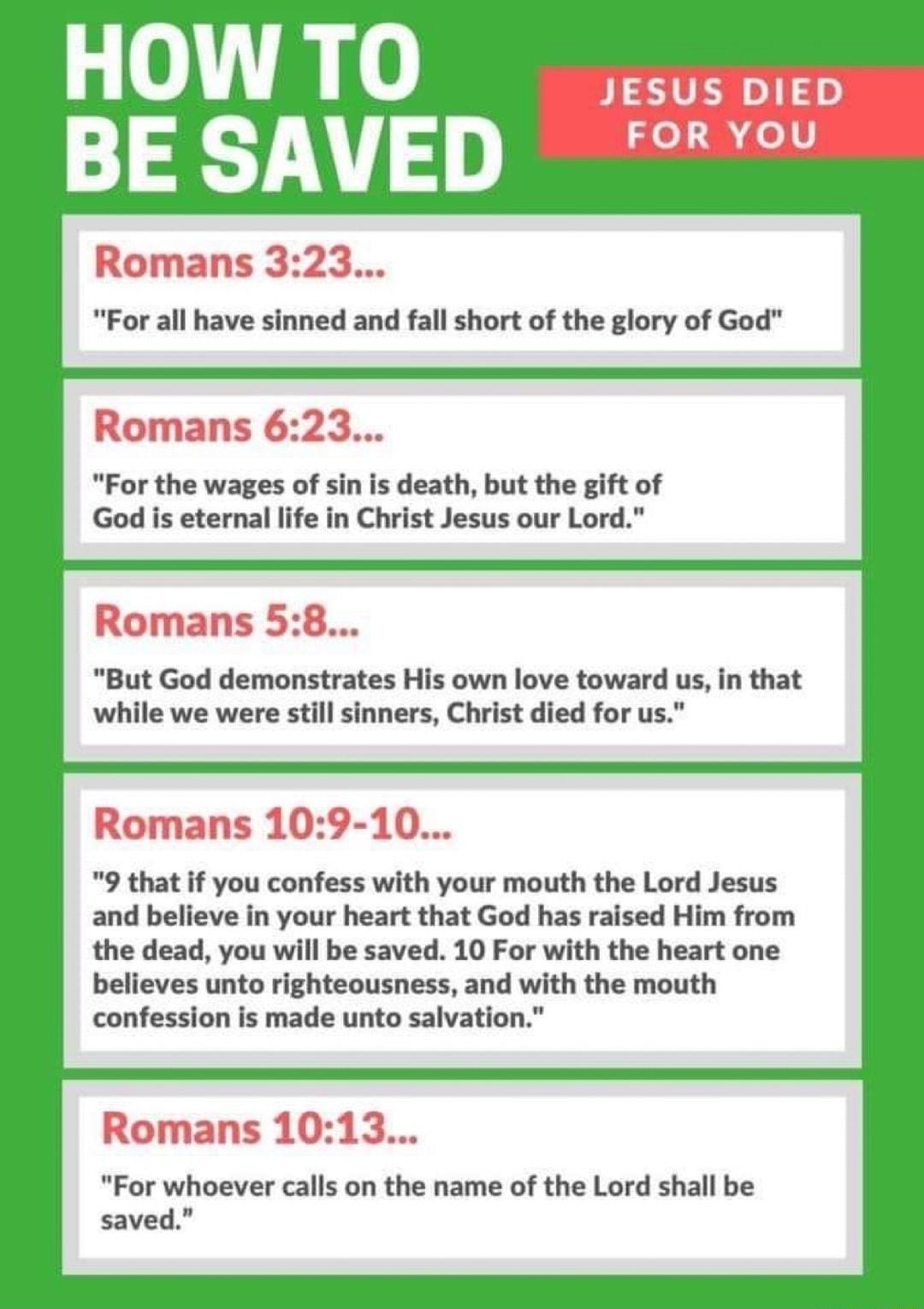 HOWTO BE SAVED For all have sinned and fall short of the glory of God For the wages of sin is death but the gift of God is eternal life in Christ Jesus our Lord But God demonstrates His own love toward us in that while we were still sinners Christ died for us 9 that if you confess with your mouth the Lord Jesus and believe in your heart that God has raised Him from the dead you will be saved 10 Fo