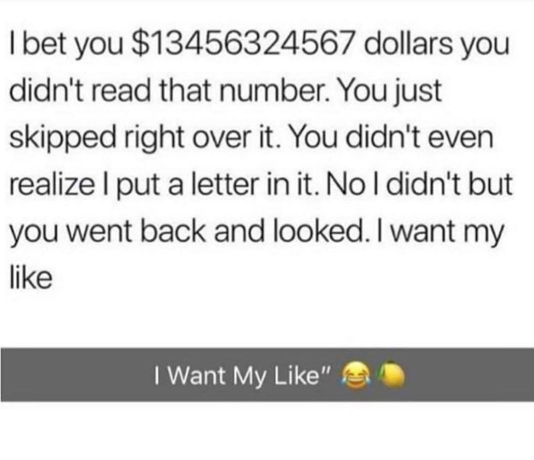 bet you 13456324567 dollars you didnt read that number You just skipped right over it You didnt even realize put a letter init No didnt but you went back and looked want my like Want My Like W