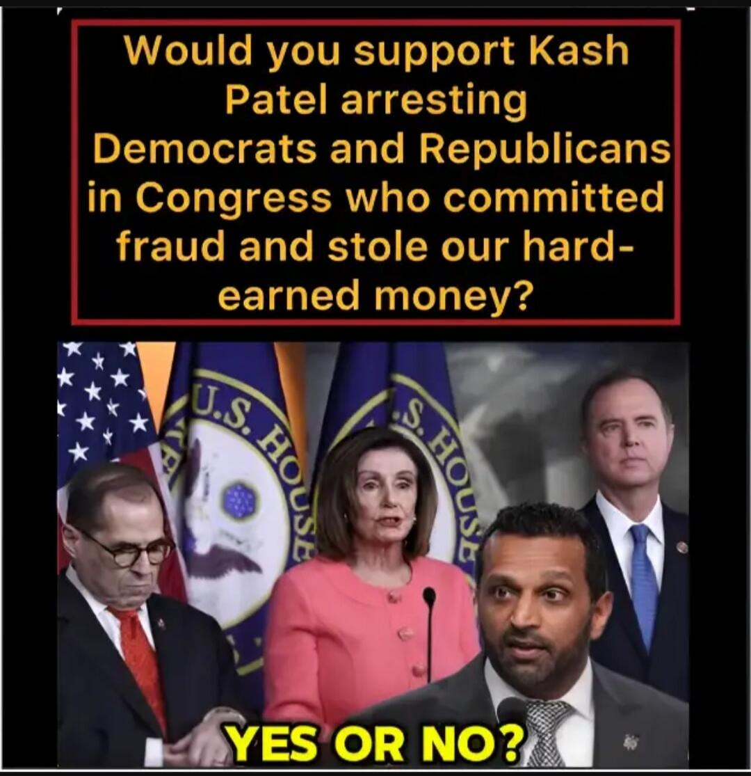 Would you support Kash Patel arresting Democrats and Republicans in Congress who committed fraud and stole our hard-earned money? YES OR NO?
