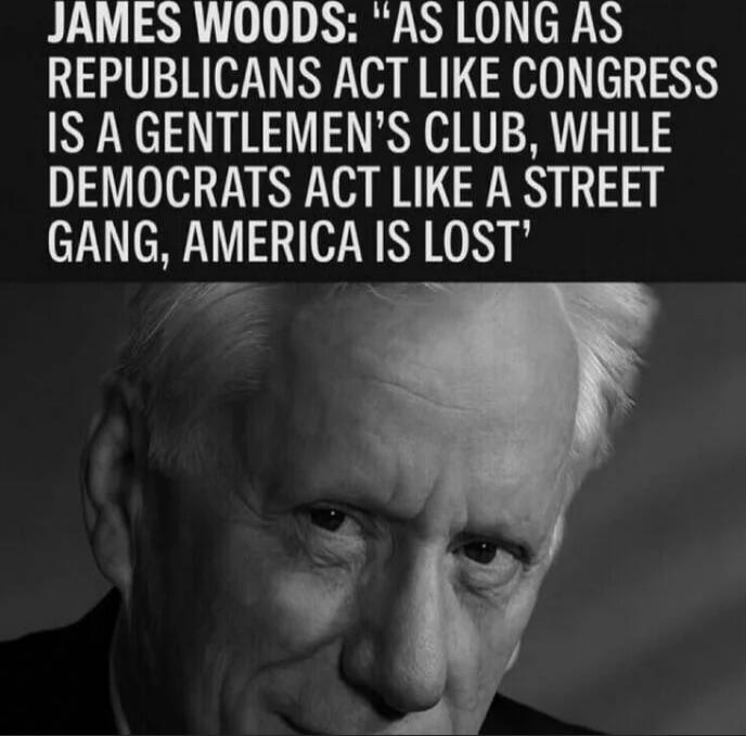 JAMES WOODS: “AS LONG AS REPUBLICANS ACT LIKE CONGRESS IS A GENTLEMEN'S CLUB, WHILE DEMOCRATS ACT LIKE A STREET GANG, AMERICA IS LOST”