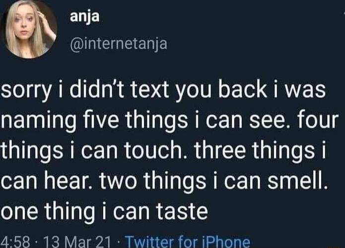 sorry i didn’t text you back i was naming five things i can see. four things i can touch. three things i can hear. two things i can smell. one thing i can taste