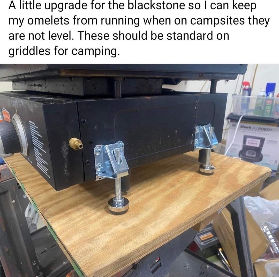 A little upgrade for the blackstone so can keep my omelets from running when on campsites they are not level These should be standard on griddles for camping