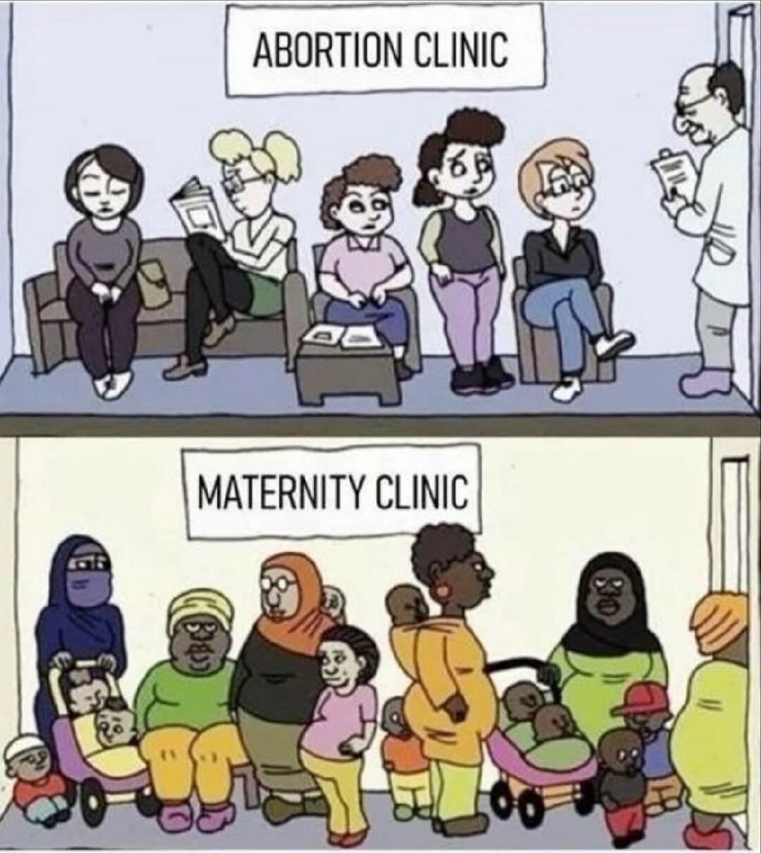 Cartoon comparing an abortion clinic (top) with a maternity clinic (bottom). The abortion clinic shows several women waiting, while the maternity clinic shows many pregnant or new mothers with babies and strollers. The scenes highlight different experiences related to reproductive health.