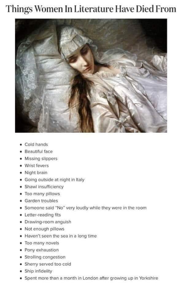 Things Women In Literature Have Died From Cold hands Beautiful face Missing slippers o Wrist fevers Night brain Going outside at night in italy Shawl insufficiency Too many pillows o Garden troubles Someone said No very loudly while they were in the room o Letter reading fits Drawing room anguish Not enough pillows Havent seen the sea In a long time Too many novels Pony exhaustion Strolling conges