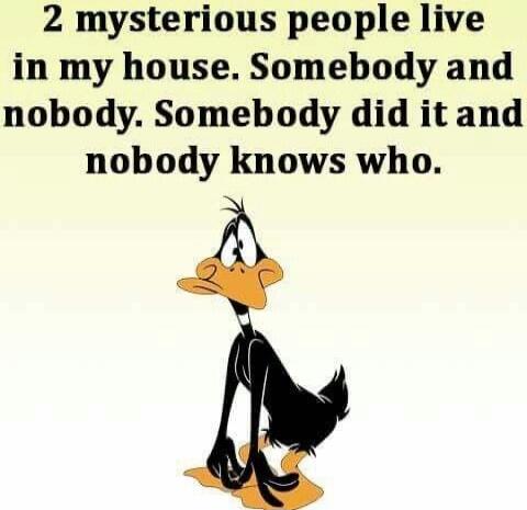 2 mysterious people live in my house. Somebody and nobody. Somebody did it and nobody knows who.