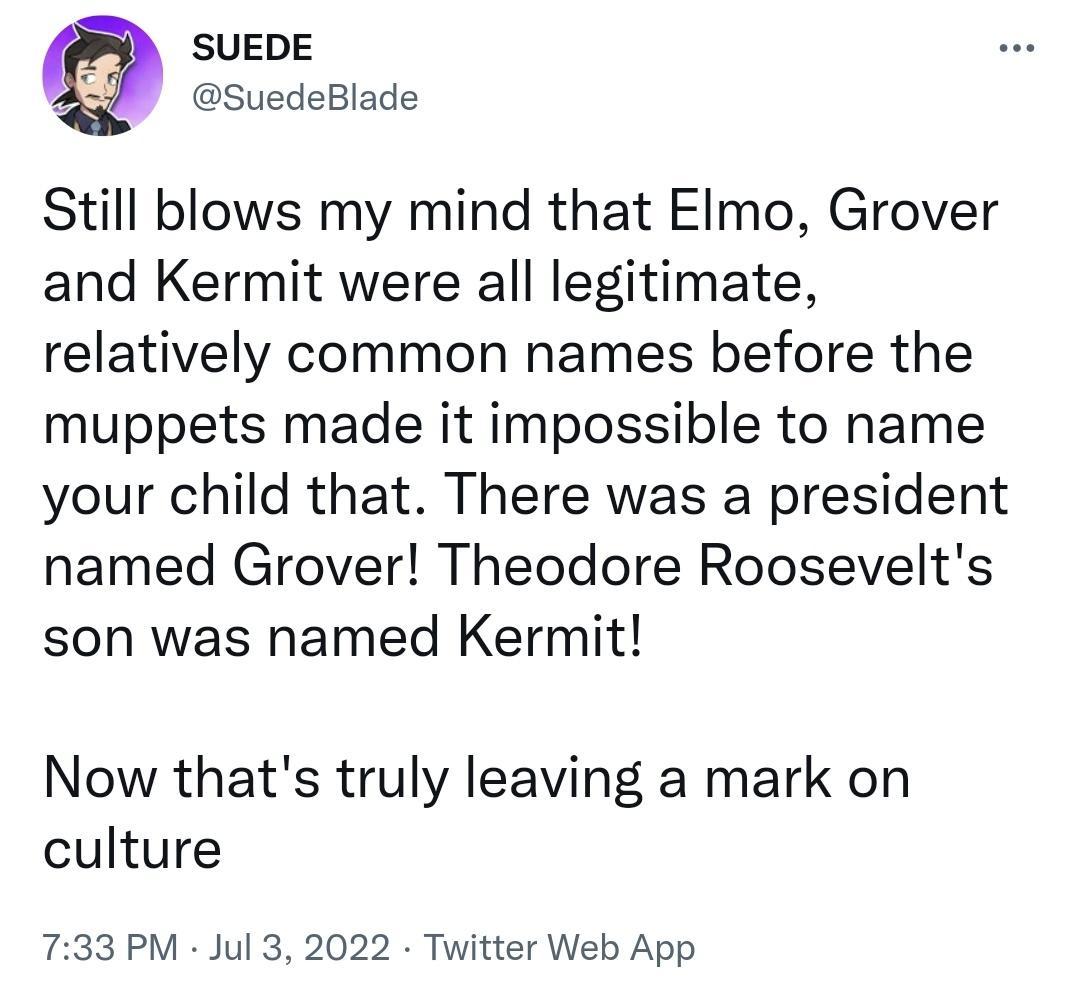 SUEDE SuedeBlade Still blows my mind that Elmo Grover and Kermit were all legitimate relatively common names before the muppets made it impossible to name your child that There was a president named Grover Theodore Roosevelts son was named Kermit Now thats truly leaving a mark on culture 733 PM Jul 3 2022 Twitter Web App