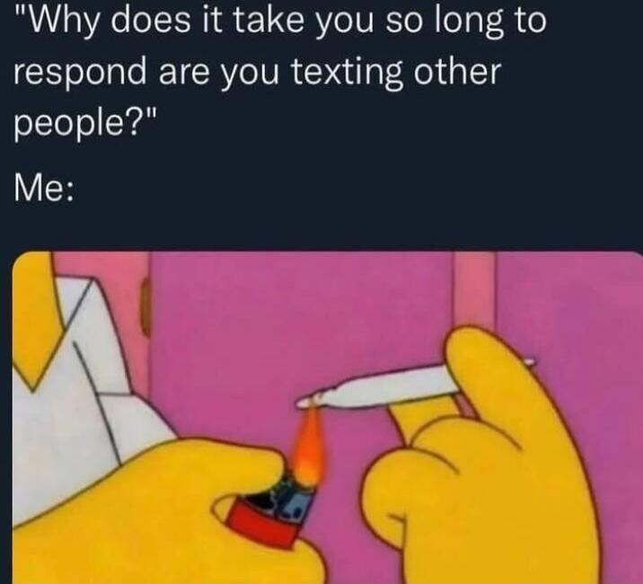 Why does it take you so long to respond are you texting other people? Me: