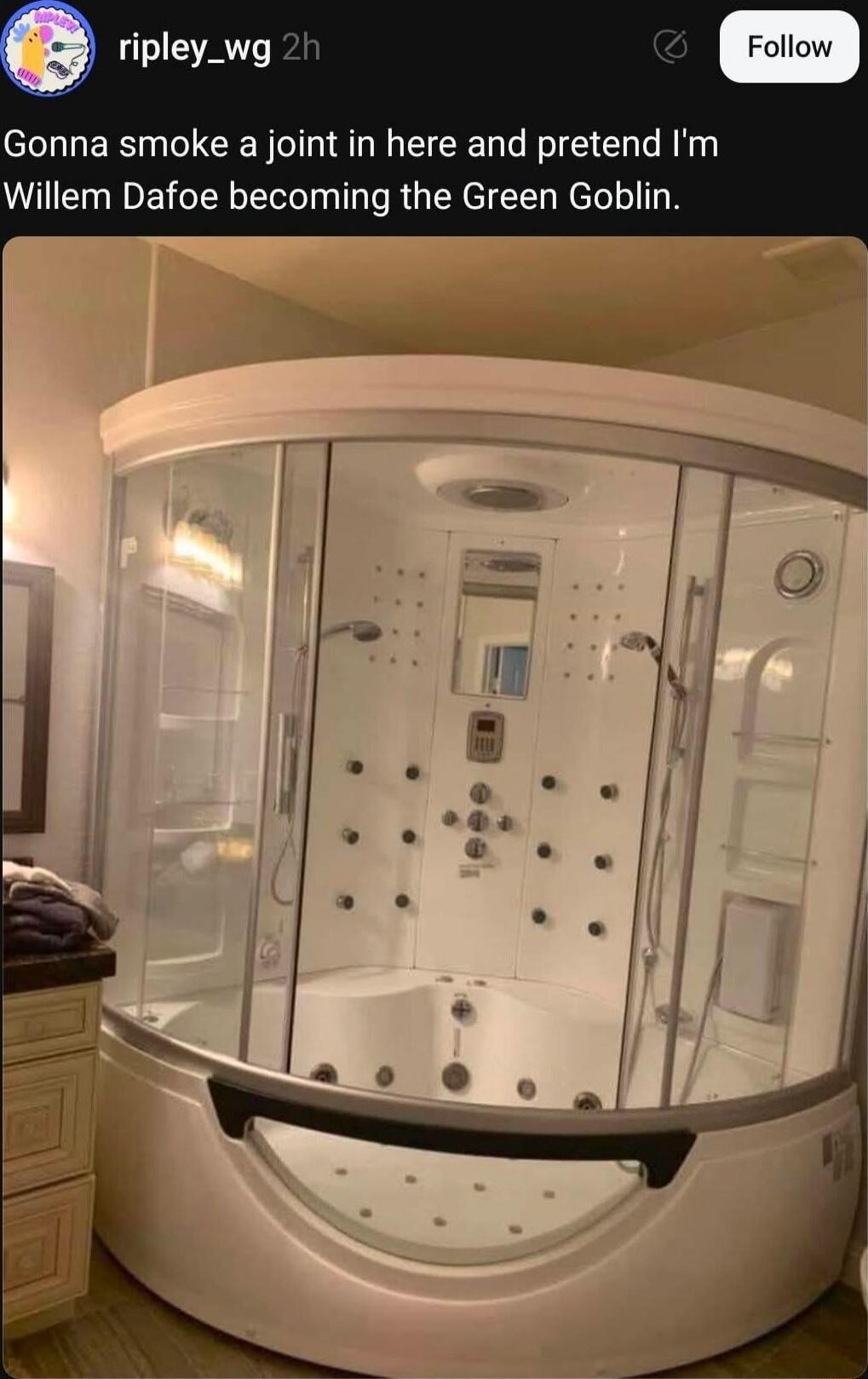 Gonna smoke a joint in here and pretend I'm Willem Dafoe becoming the Green Goblin.