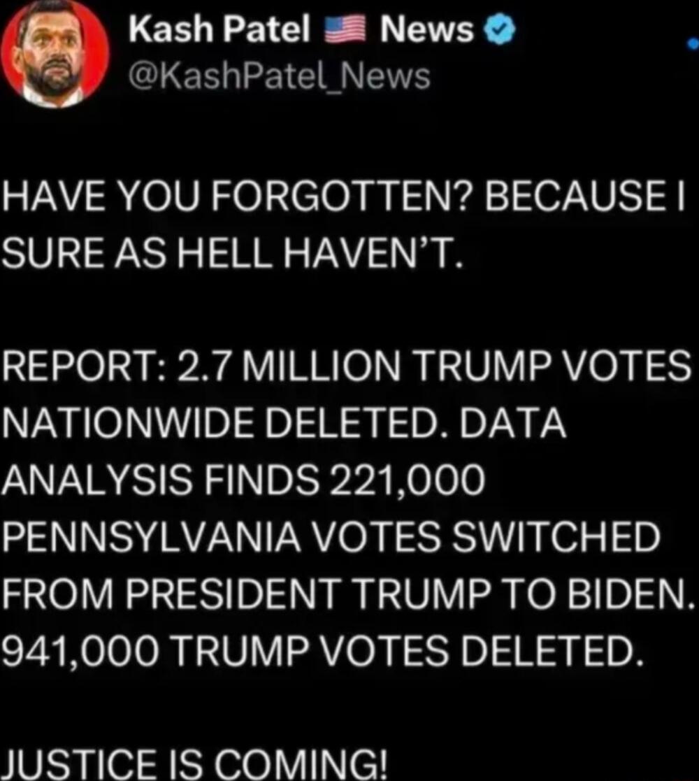 Kash Patel News CLEHEETE NS HAVE YOU FORGOTTEN BECAUSE SURE AS HELL HAVENT REPORT 27 MILLION TRUMP VOTES NATIONWIDE DELETED DATA ANALYSIS FINDS 221000 PENNSYLVANIA VOTES SWITCHED FROM PRESIDENT TRUMP TO BIDEN 941000 TRUMP VOTES DELETED JUSTICE IS COMING