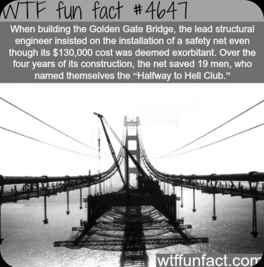 When building the Golden Gate Bridge the lead structural engineer insisted on the installation of a safety net even though its 130000 cost was deemed exorbitant Over the four years of its construction the net saved 19 men who named themselves the Halfway to Hell Club l unfact conr