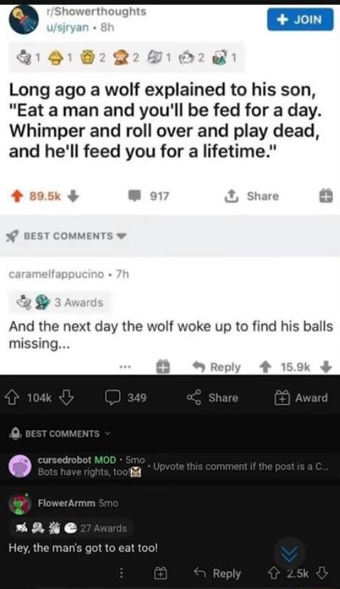 21918220192 Long ago a wolf explained to his son Eat a man and youll be fed for a day Whimper and roll over and play dead and hell feed you for a lifetime 4 895k t Sha o 4 And the next day the wolf woke up to find his balls missing