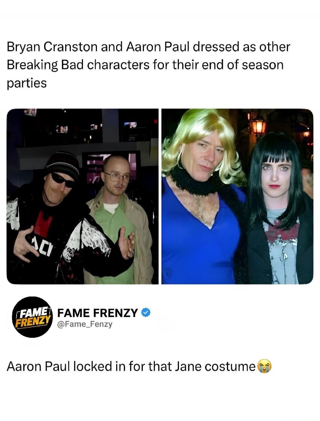 Bryan Cranston and Aaron Paul dressed as other Breaking Bad characters for their end of season parties FAME FRENZY @Fame_Frenzy Aaron Paul locked in for that Jane costume 😭