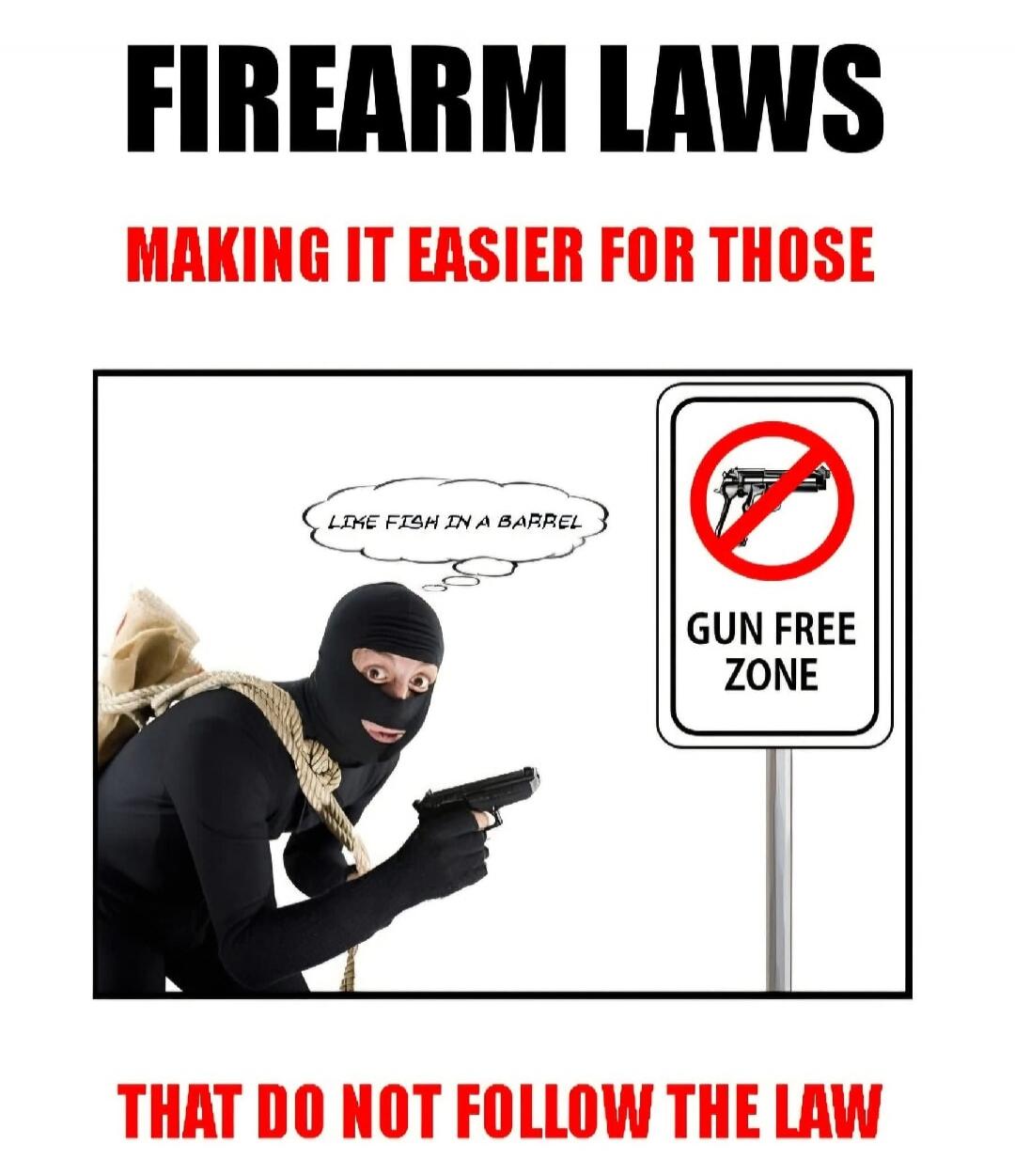 FIREARM LAWS MAKING IT EASIER FOR THOSE THAT DO NOT FOLLOW THE LAW
[illustration of a masked person with a gun] sign: GUN FREE ZONE with a red prohibition mark
speech bubble: LONE FISH IN A BARREL