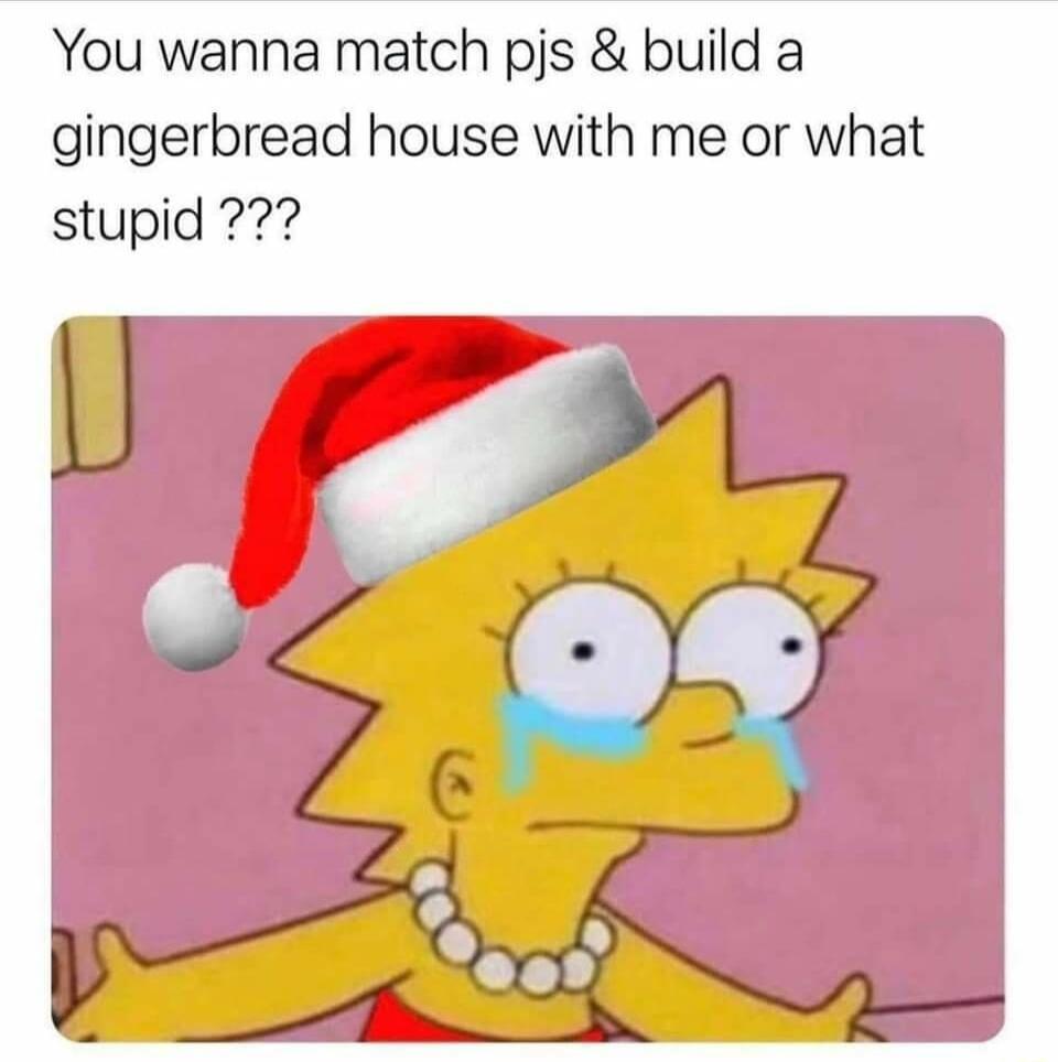 You wanna match pjs build a gingerbread house with me or what stupid