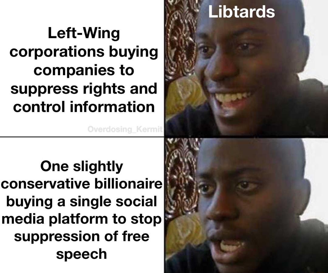 2 Libtards Left Wing LA corporations buying companies to suppress rights and j control information s x One slightly conservative billionaire buying a single social RV media platform to stop suppression of free speech