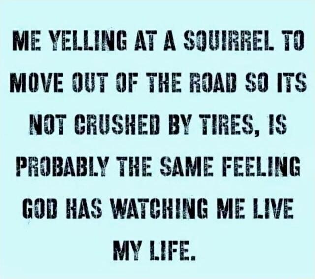 ME YELLING AT A SQUIRREL TO MOVE OUT OF THE ROAD SO ITS NOT CRUSHED BY TIRES IS PROBABLY THE SAME FEELING GOD HAS WATCHING ME LIVE MY LIFE