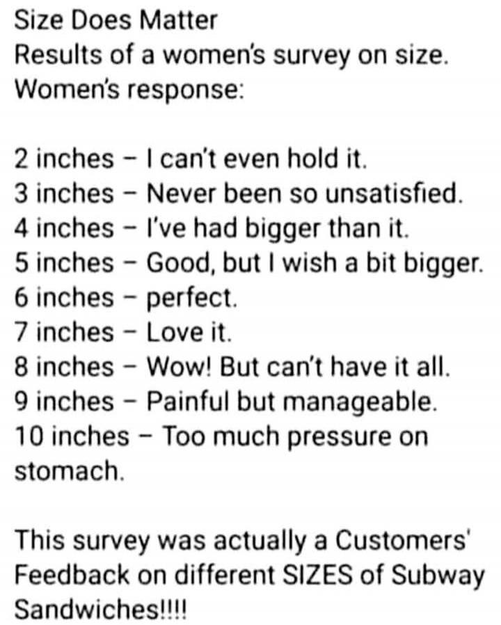 Size Does Matter
Results of a women's survey on size.
Women's response:

2 inches – I can’t even hold it.
3 inches – Never been so unsatisfied.
4 inches – I’ve had bigger than it.
5 inches – Good, but I wish a bit bigger.
6 inches – perfect.
7 inches – Love it.
8 inches – Wow! But can’t have it all.
9 inches – Painful but manageable.
10 inches – To