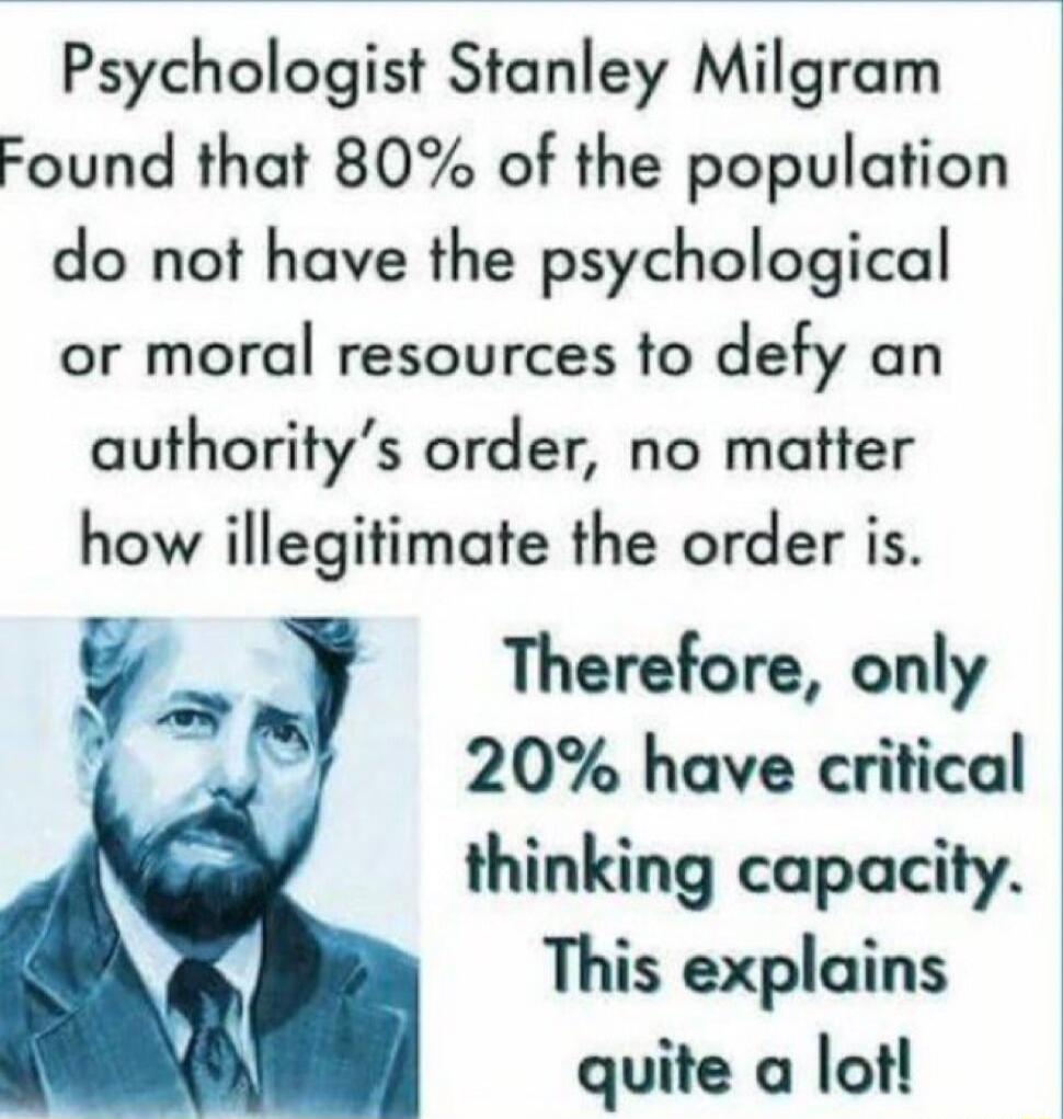 Psychologist Stanley Milgram Found that 80 of the population do not have the psychological or moral resources to defy an authoritys order no matter how illegitimate the order is Therefore only 20 have critical thinking capacity This explains quite a lot v