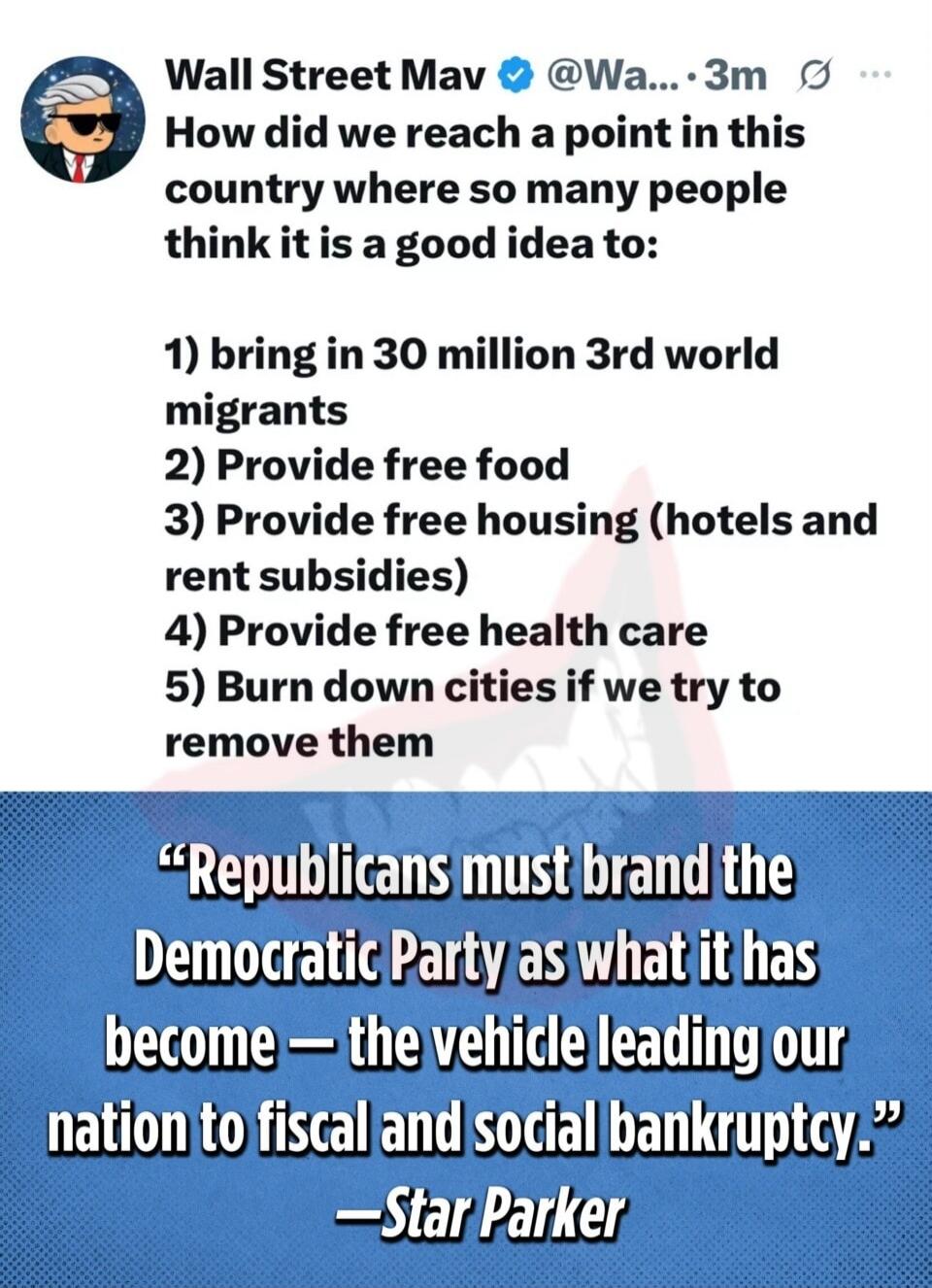 How did we reach a point in this country where so many people think it is a good idea to:
1) bring in 30 million 3rd world migrants
2) Provide free food
3) Provide free housing (hotels and rent subsidies)
4) Provide free health care
5) Burn down cities if we try to remove them

