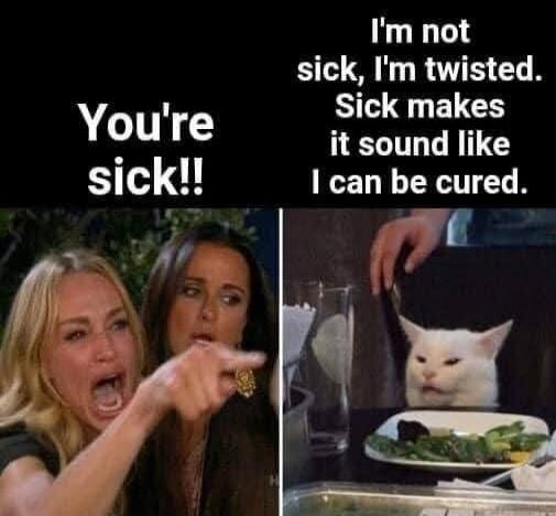 You're sick!!
I'm not sick. I'm twisted. Sick makes it sound like I can be cured.