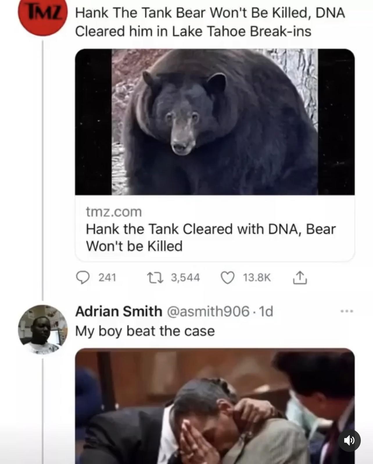 SR Hank The Tank Bear Wont Be Killed DNA _ Cleared him in Lake Tahoe Break ins tmzcom Hank the Tank Cleared with DNA Bear Wont be Killed Q 24 11 3544 Q 138k T Adrian Smith asmith906 1d My boy beat the case 4