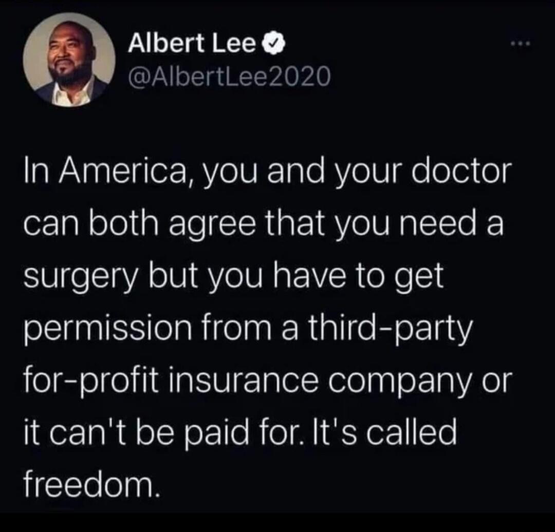 Albert Lee AlbertLee2020 In America you and your doctor can both agree that you need a surgery but you have to get eEliniSSlelaRigelnak RiallfekoF11e for profit insurance company or it cant be paid for Its called freedom