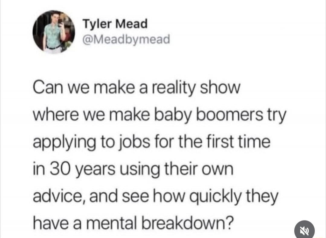 Tyler Mead @Meadbymead Can we make a reality show where we make baby boomers try applying to jobs for the first time in 30 years using their own advice, and see how quickly they have a mental breakdown?