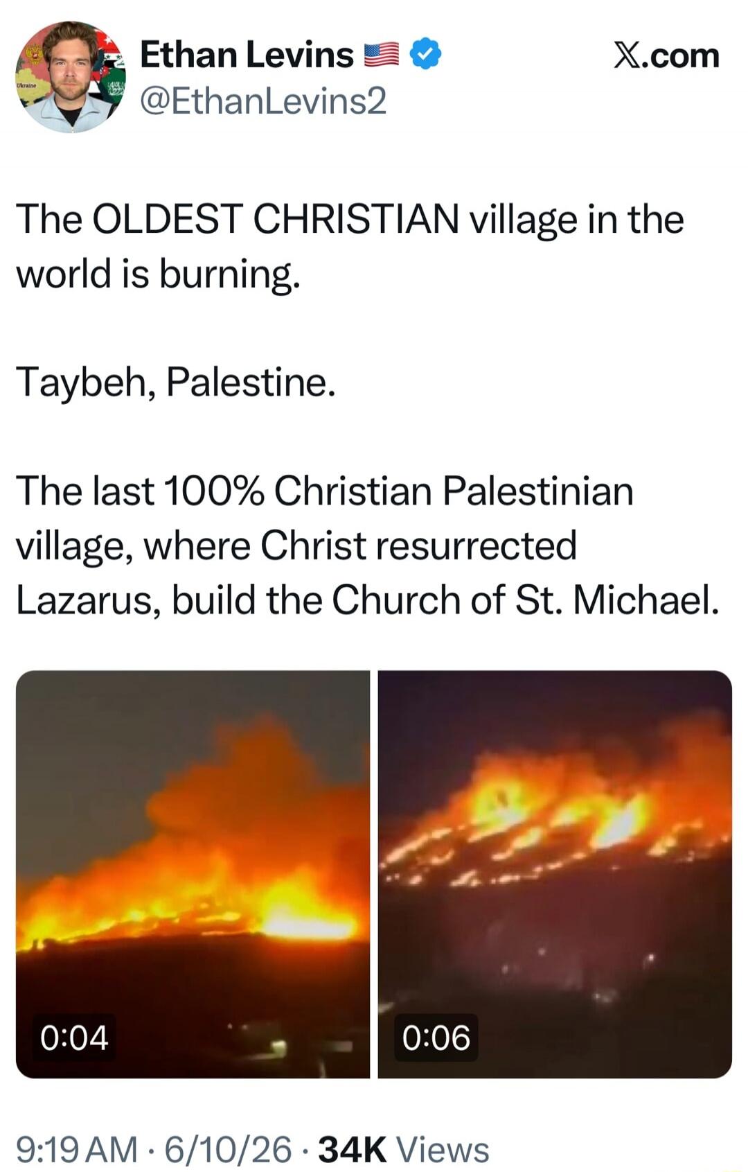 The OLDEST CHRISTIAN village in the world is burning. Taybeh, Palestine. The last 100% Christian Palestinian village, where Christ resurrected Lazarus, build the Church of St. Michael.