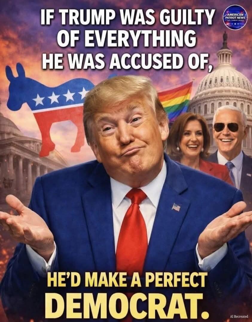 IF TRUMP WAS GUILTY OF EVERYTHING HE WAS ACCUSED OF, HE'D MAKE A PERFECT DEMOCRAT. AMERICAN PATRIOT NEWS. AI Recreated.