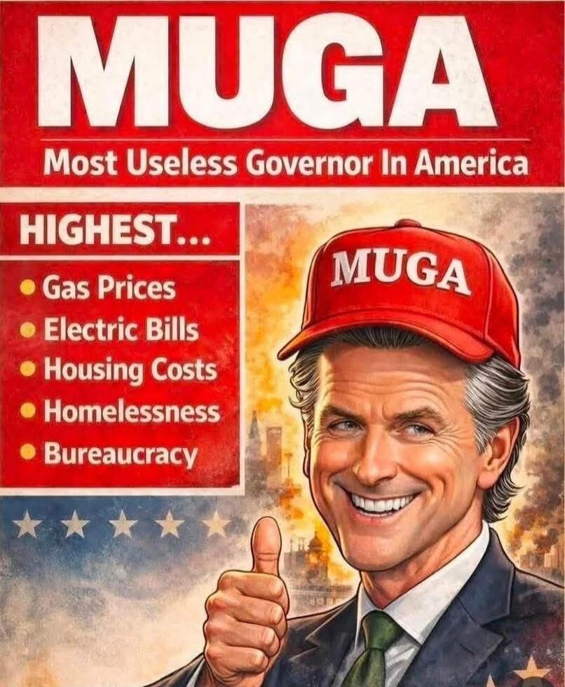 MUGA
Most Useless Governor In America
HIGHEST...
• Gas Prices
• Electric Bills
• Housing Costs
• Homelessness
• Bureaucracy
