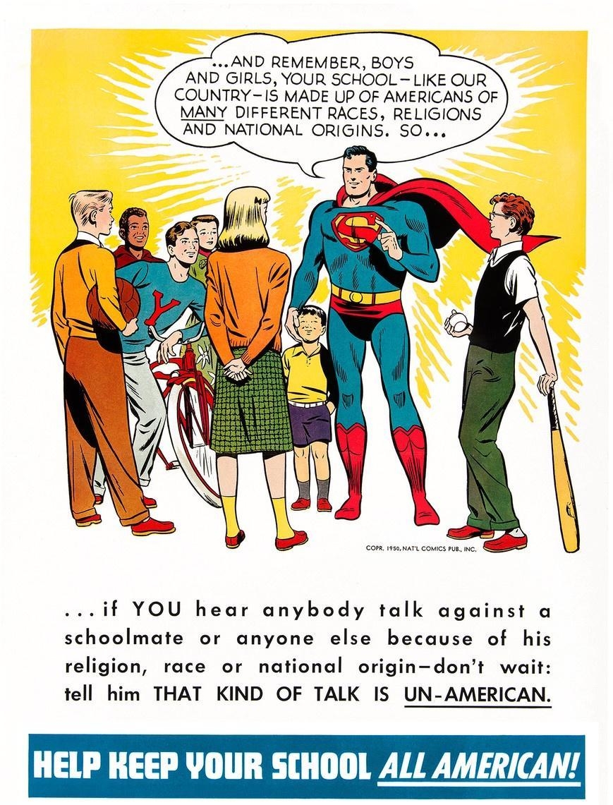 AND REMEMBER BOYS S YOUR SCHOOL LIKE OUR COUNTRY 5 MADE UP OF AMERICANS OF MANY DIFFERENT RACES RELIGIONS AND NATIONAL ORIGINS SO if YOU hear anybody talk against a schoolmate or anyone else because of his religion race or national origin dont wait tell him THAT KIND OF TALK IS UN AMERICAN HELP KEEP YOUR SCHOOL ALL AMERICAN