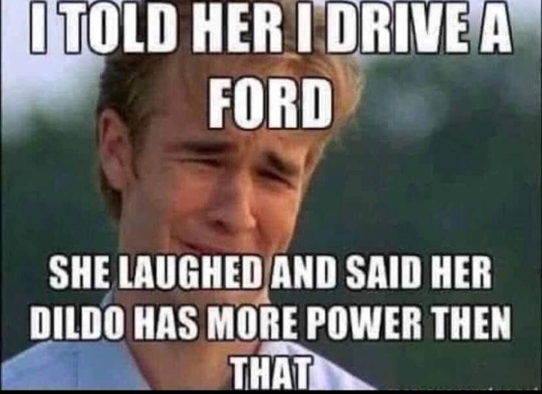 I TOLD HER I DRIVE A FORD SHE LAUGHED AND SAID HER DILDO HAS MORE POWER THEN THAT