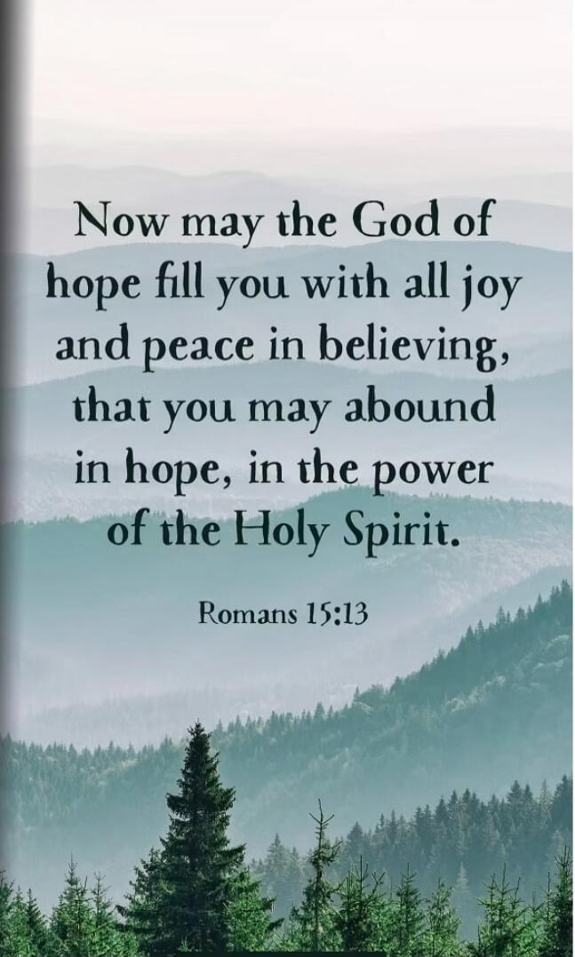 Now may the God of hope fill you with all joy and peace in believing, that you may abound in hope, in the power of the Holy Spirit. Romans 15:13