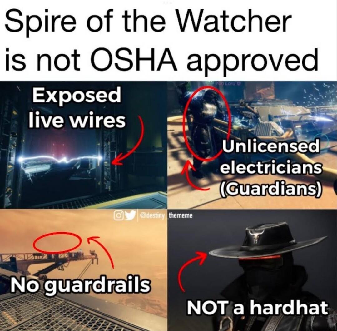 Spire of the Watcher is not OSHA approved 1 it live wires 1 Unlicensed o B electnmas NOETECETS o FENET Gy ETS e
