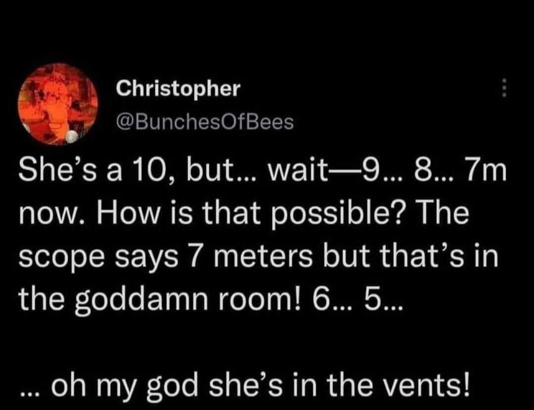 Christopher BunchesOfBees Shes a 10 but wait9 8 7m now How is that possible The scope says 7 meters but thats in the goddamn room 6 5 oh my god shes in the vents