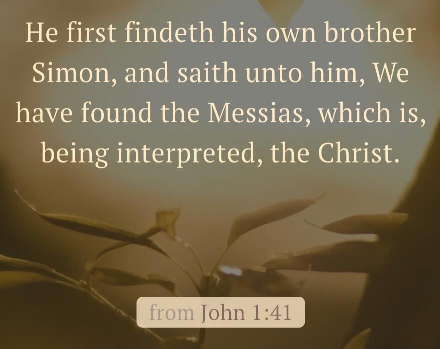 He first findeth his own brother Simon, and saith unto him, We have found the Messias, which is, being interpreted, the Christ. from John 1:41