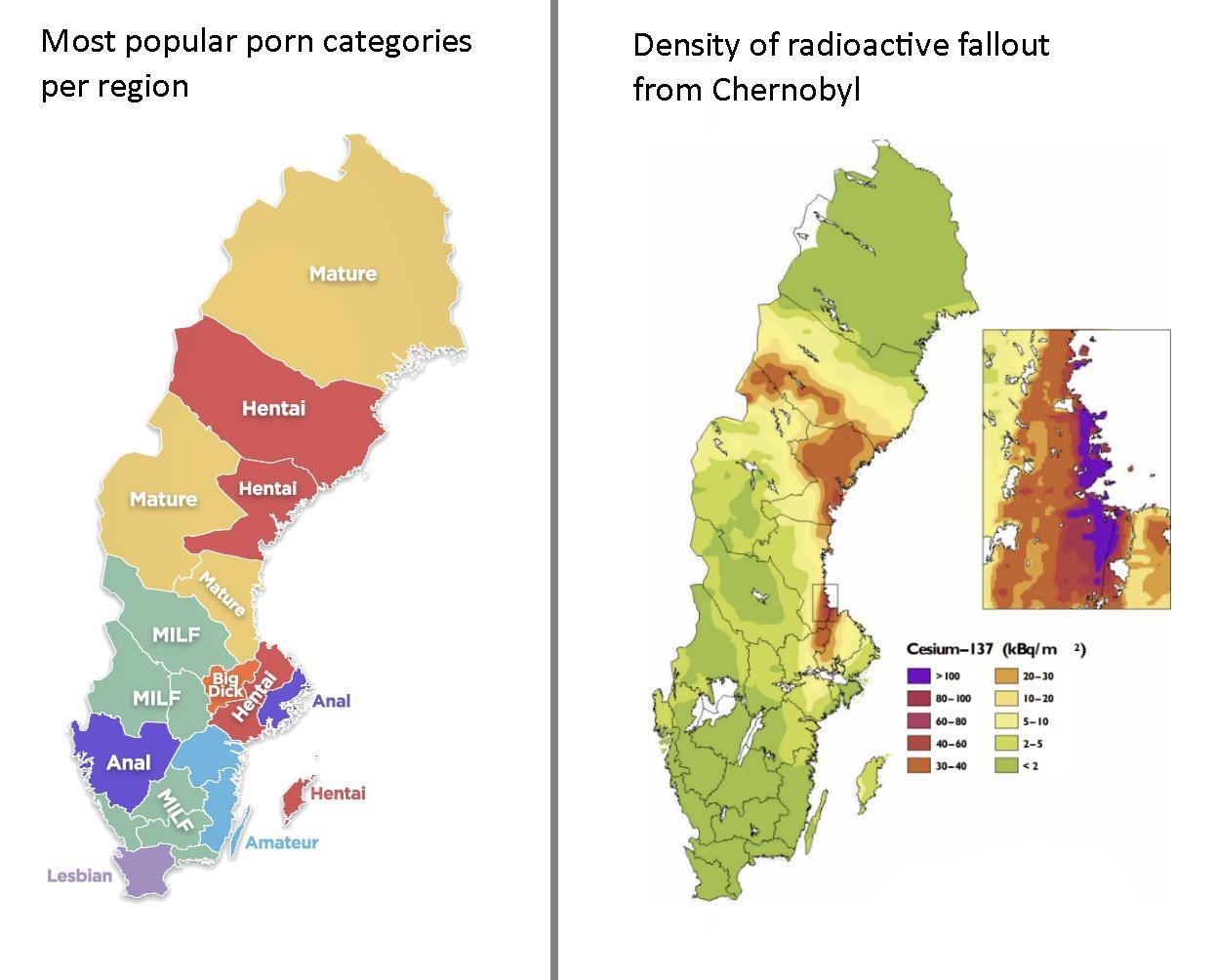 Most popular porn categories per region Density of radioactive fallout from Chernobyl Cesium 137 kBqm 0 o l o w le n s 7