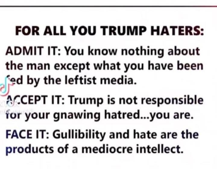 FOR ALL YOU TRUMP HATERS:
ADMIT IT: You know nothing about the man except what you have been fed by the leftist media.
ACCEPT IT: Trump is not responsible for your gnawing hatred...you are.
FACE IT: Gullibility and hate are the products of a mediocre intellect.