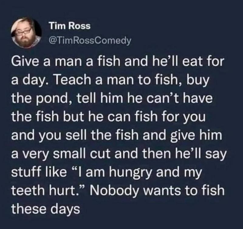 Tim Ross y TimRossComedy NN ERER LN Y NCE S olg a day Teach a man to fish buy the pond tell him he cant have the fish but he can fish for you and you sell the fish and give him a very small cut and then hell say stuff like I am hungry and my ACI N T Wil o o TeTe ANETS ISR o R 3 LGBV