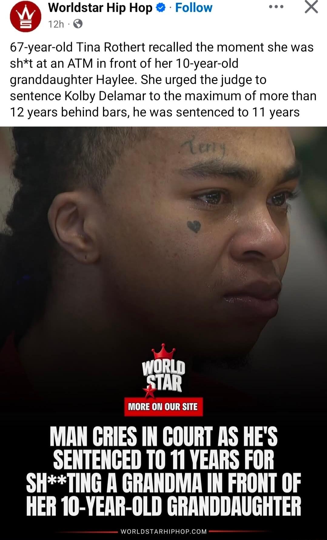 67-year-old Tina Rothert recalled the moment she was sh*t at an ATM in front of her 10-year-old granddaughter Haylee. She urged the judge to sentence Kolby Delamar to the maximum of more than 12 years behind bars, he was sentenced to 11 years. MAN CRIES IN COURT AS HE'S SENTENCED TO 11 YEARS FOR SH**TING A GRANDMA IN FRONT OF HER 10-YEAR-OLD GRANDD