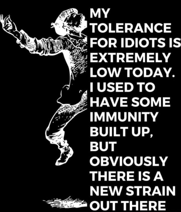 MY TOLERANCE FOR IDIOTS IS EXTREMELY LOW TODAY. I USED TO HAVE SOME IMMUNITY BUILT UP, BUT OBVIOUSLY THERE IS A NEW STRAIN OUT THERE